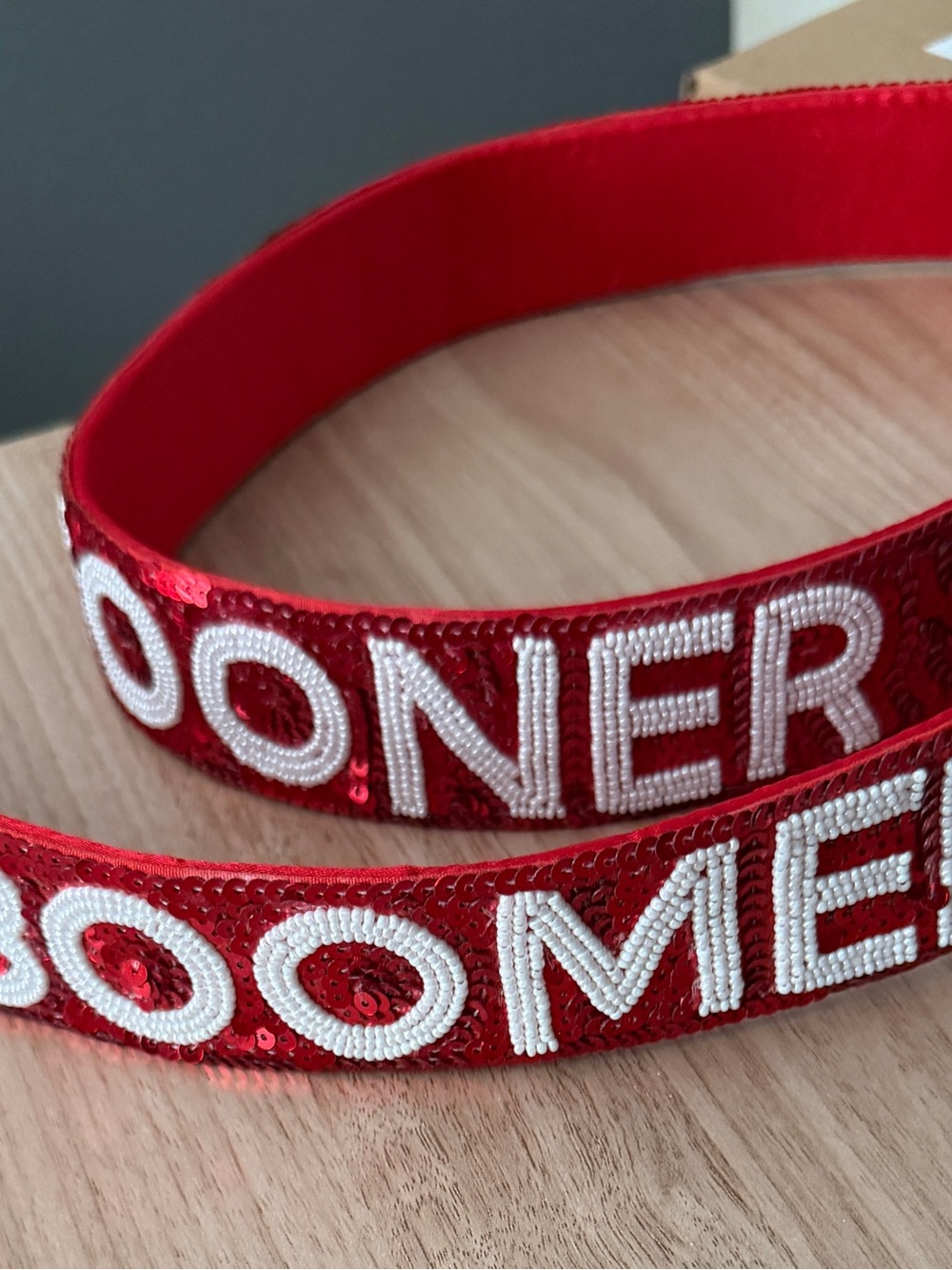 Red Sequin 'BOOMER SOONER’ Purse Strap